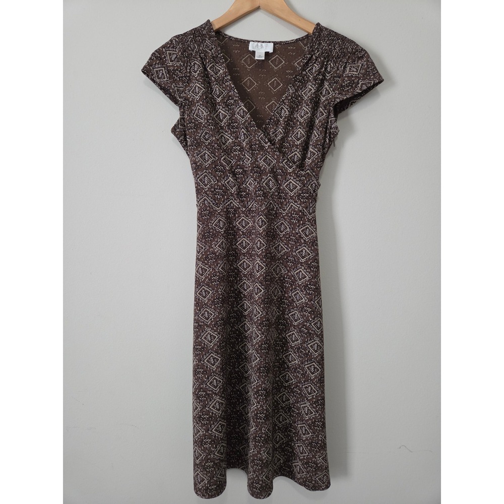 Ann Taylor Loft Petites Brown Geometric Diamond Faux Wrap Dress Cap Sleeve 0P